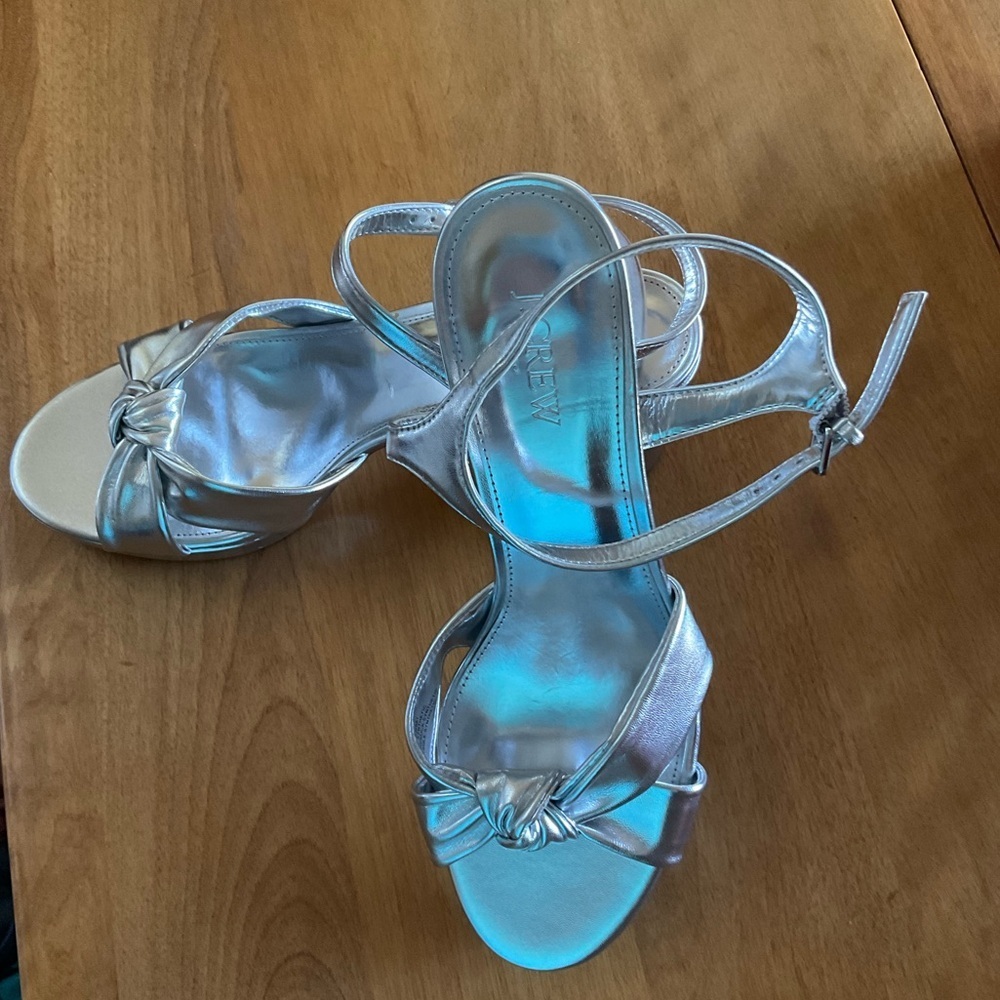 J. Crew Bow platform heeled sandals. Metallic Silver Knot Front Strappy Sandals.
